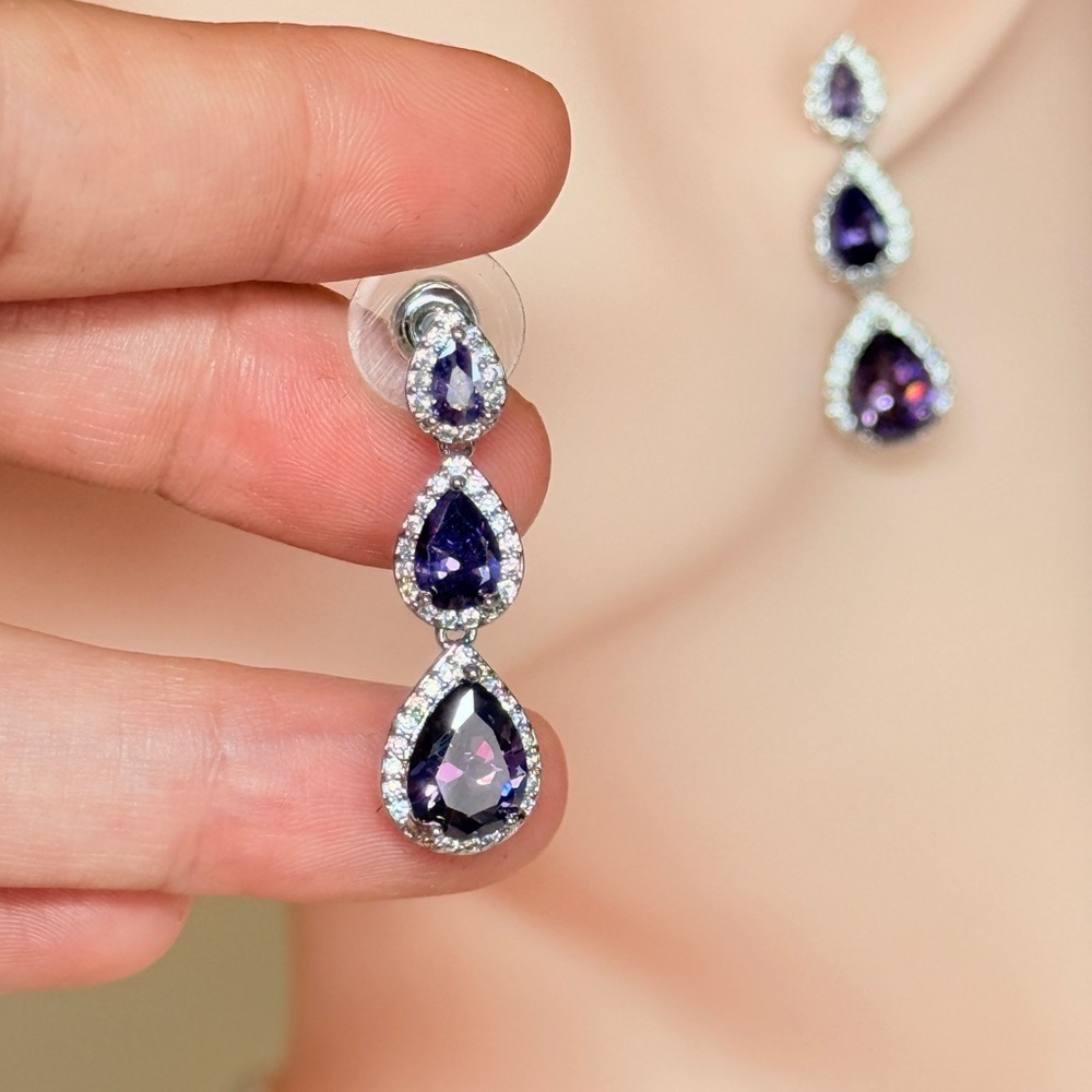 ⚜️ Elegant Purple Teardrop Drop Earrings - Women Jewelry - Picture 4 of 14